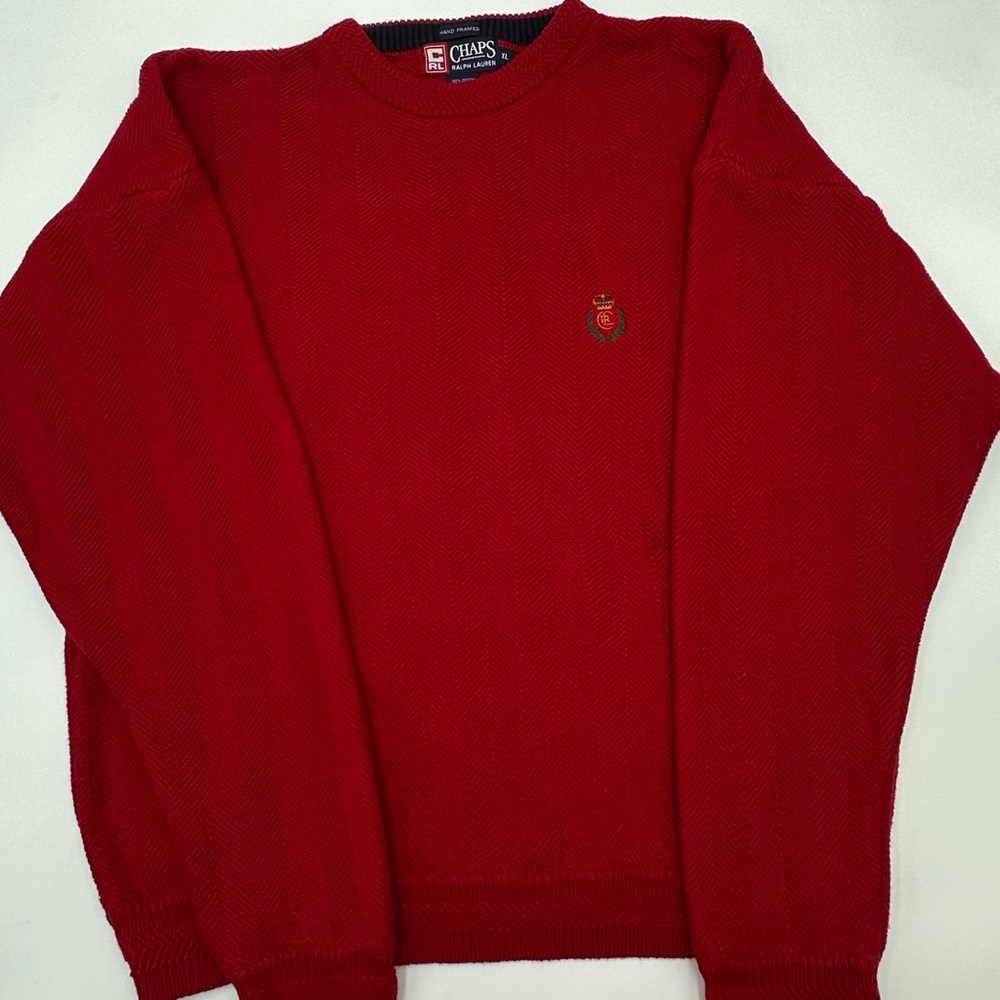 CHAPS RALPH LAUREN SWEATER SIZE XL 90s VINTAGE RED HERRINGBONE CREW NECK CREST